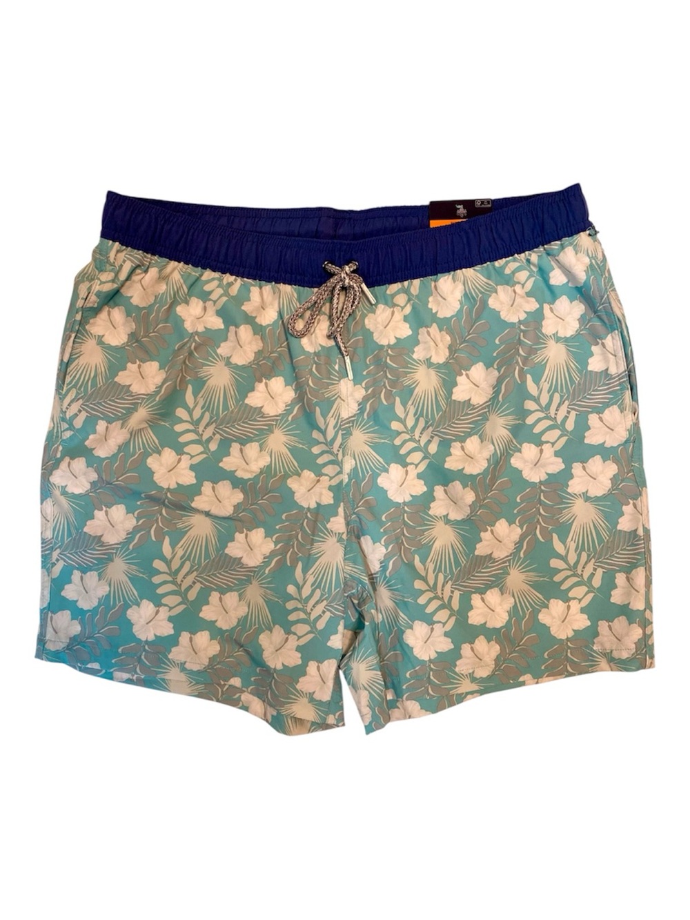 NWT RAINFOREST Aruba Blue Tropical Floral Swim Shorts with Navy Waistband Sz L